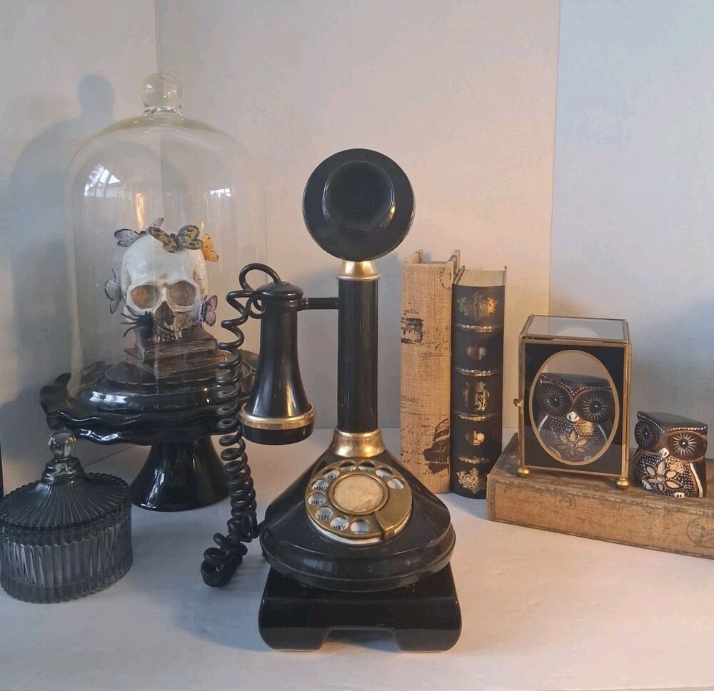 Vtg 1970s Deco-Tel Rotary Candlestick Phone Black/Gold - ATQ Repro